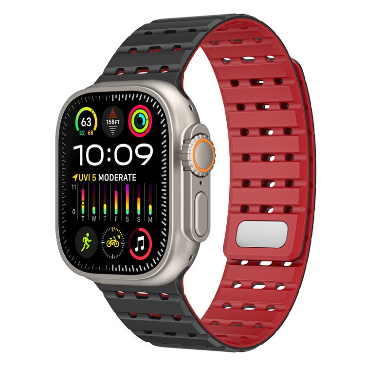For Apple Watch 10 46mm / Ultra 2 / Ultra 49mm / 9 8 7 45mm / SE (2023) SE (2022) SE 6 5 4 44mm / 3 2 1 42mm Breathable Silicone Strap - Black+Red
