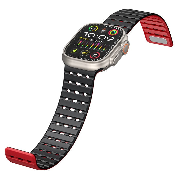 For Apple Watch 10 46mm / Ultra 2 / Ultra 49mm / 9 8 7 45mm / SE (2023) SE (2022) SE 6 5 4 44mm / 3 2 1 42mm Breathable Silicone Strap - Black+Red