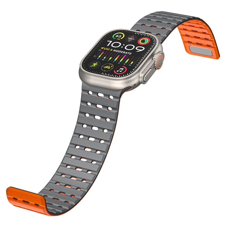 For Apple Watch 10 46mm / Ultra 2 / Ultra 49mm / 9 8 7 45mm / SE (2023) SE (2022) SE 6 5 4 44mm / 3 2 1 42mm Breathable Silicone Strap - Grey+Orange