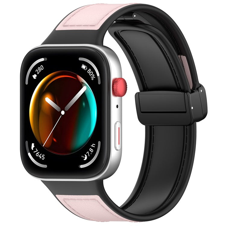 For Huawei Watch Fit 3 Leather Coated Silicone Band Adjustable Watch Strap with Magnetic Buckle - Pink