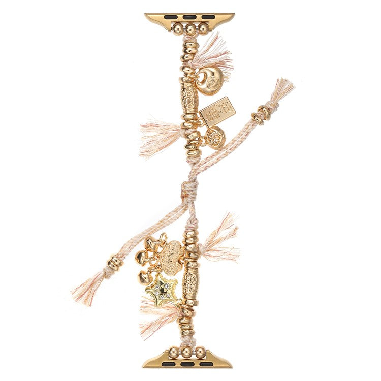 For Apple Watch 10 46mm / Ultra 2 / Ultra 49mm / 9 8 7 45mm / SE (2023) SE (2022) SE 6 5 4 44mm / 3 2 1 42mm Peace Lock Pendant Woven Rope Strap - Apricot