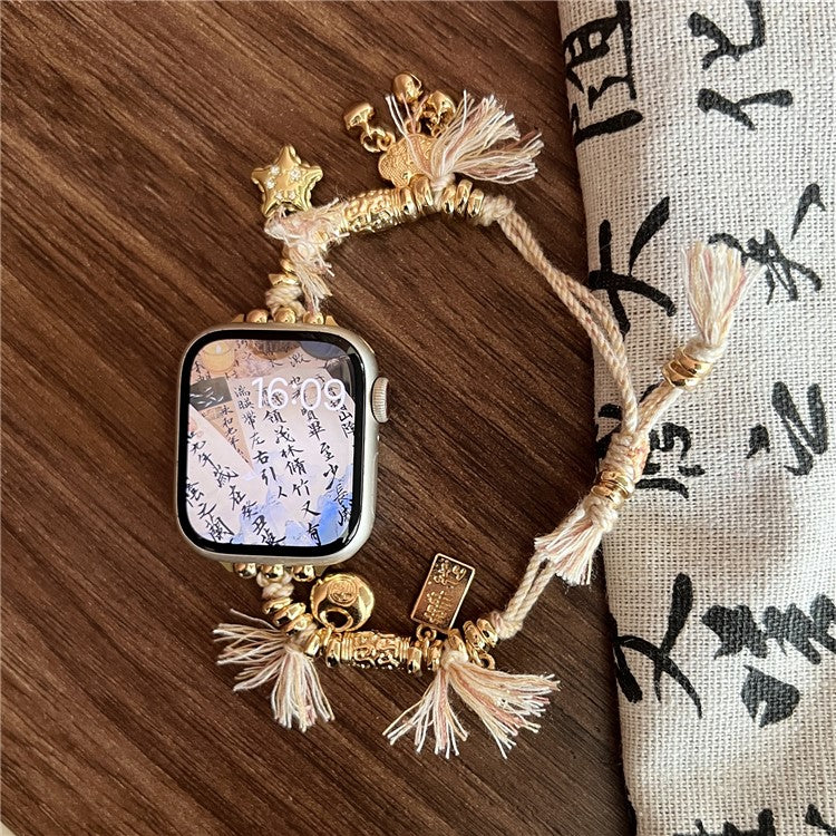 For Apple Watch 10 46mm / Ultra 2 / Ultra 49mm / 9 8 7 45mm / SE (2023) SE (2022) SE 6 5 4 44mm / 3 2 1 42mm Peace Lock Pendant Woven Rope Strap - Apricot