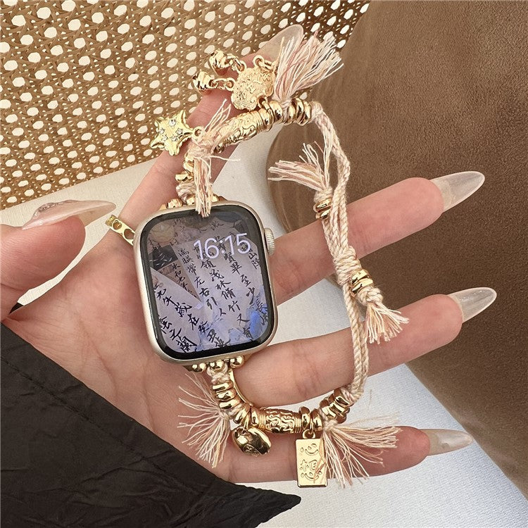 For Apple Watch 10 46mm / Ultra 2 / Ultra 49mm / 9 8 7 45mm / SE (2023) SE (2022) SE 6 5 4 44mm / 3 2 1 42mm Peace Lock Pendant Woven Rope Strap - Apricot