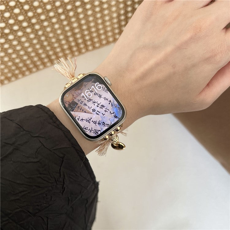 For Apple Watch 10 46mm / Ultra 2 / Ultra 49mm / 9 8 7 45mm / SE (2023) SE (2022) SE 6 5 4 44mm / 3 2 1 42mm Peace Lock Pendant Woven Rope Strap - Apricot