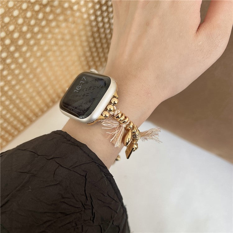 For Apple Watch 10 46mm / Ultra 2 / Ultra 49mm / 9 8 7 45mm / SE (2023) SE (2022) SE 6 5 4 44mm / 3 2 1 42mm Peace Lock Pendant Woven Rope Strap - Apricot