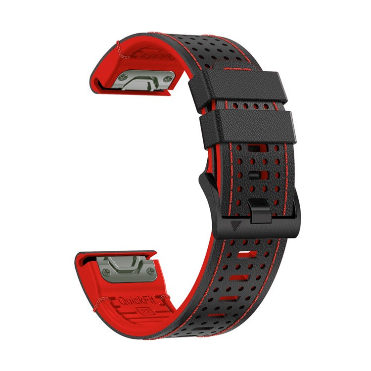 For Garmin Fenix 7 / 7 Pro Watch Strap 22mm Leather + Silicone Watch Band - Black+Red