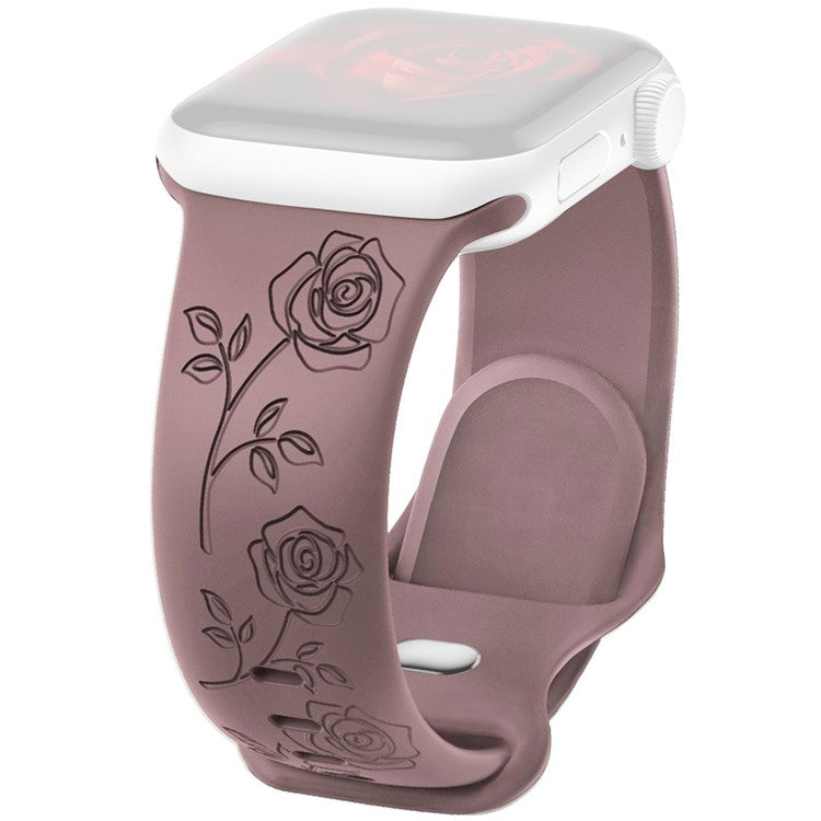 For Apple Watch Series 10 42mm / 9 8 7 41mm / SE (2023) SE (2022) SE 6 5 4 40mm / 3 2 1 38mm Rose Engraved Watch Strap Silicone Band - Smoky Purple
