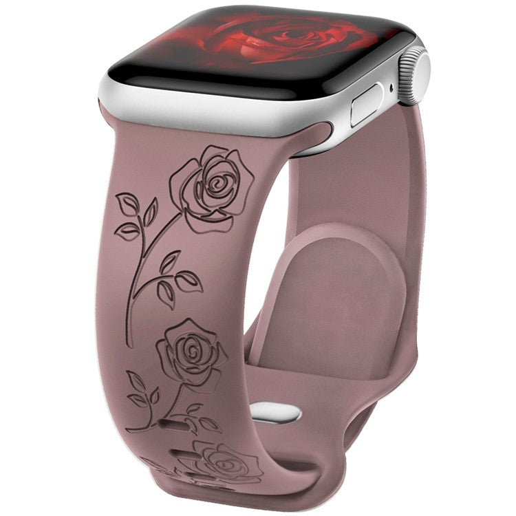 For Apple Watch Series 10 42mm / 9 8 7 41mm / SE (2023) SE (2022) SE 6 5 4 40mm / 3 2 1 38mm Rose Engraved Watch Strap Silicone Band - Smoky Purple