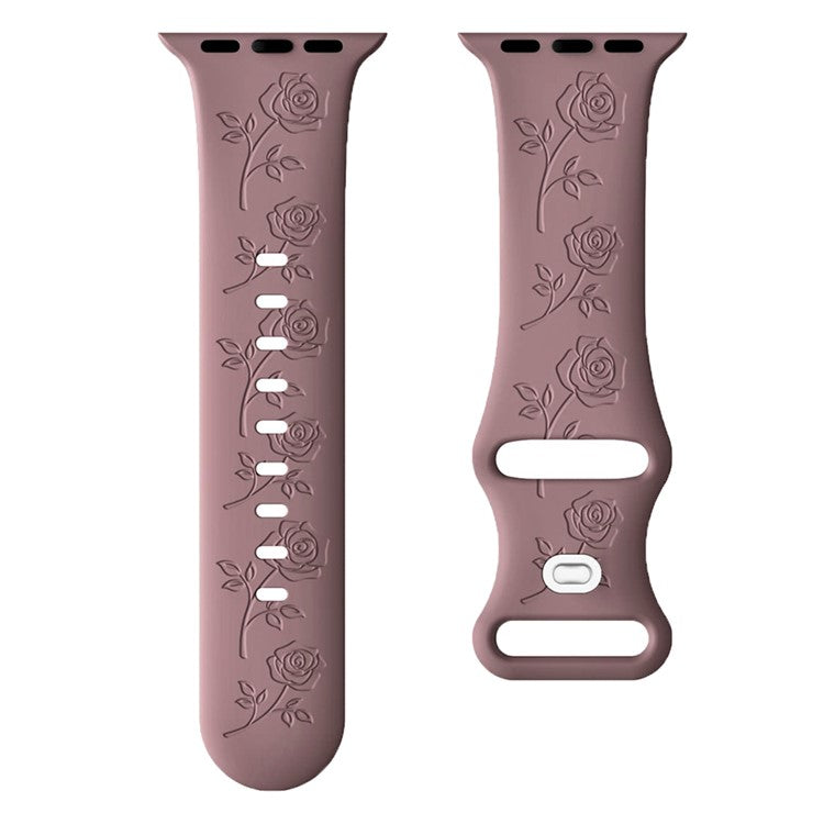 For Apple Watch Series 10 42mm / 9 8 7 41mm / SE (2023) SE (2022) SE 6 5 4 40mm / 3 2 1 38mm Rose Engraved Watch Strap Silicone Band - Smoky Purple