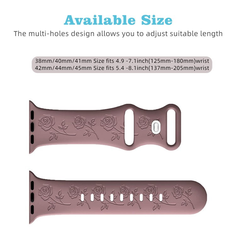 For Apple Watch Series 10 42mm / 9 8 7 41mm / SE (2023) SE (2022) SE 6 5 4 40mm / 3 2 1 38mm Rose Engraved Watch Strap Silicone Band - Smoky Purple
