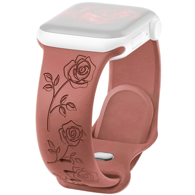 For Apple Watch Series 10 42mm / 9 8 7 41mm / SE (2023) SE (2022) SE 6 5 4 40mm / 3 2 1 38mm Rose Engraved Watch Strap Silicone Band - Hawthorn Red