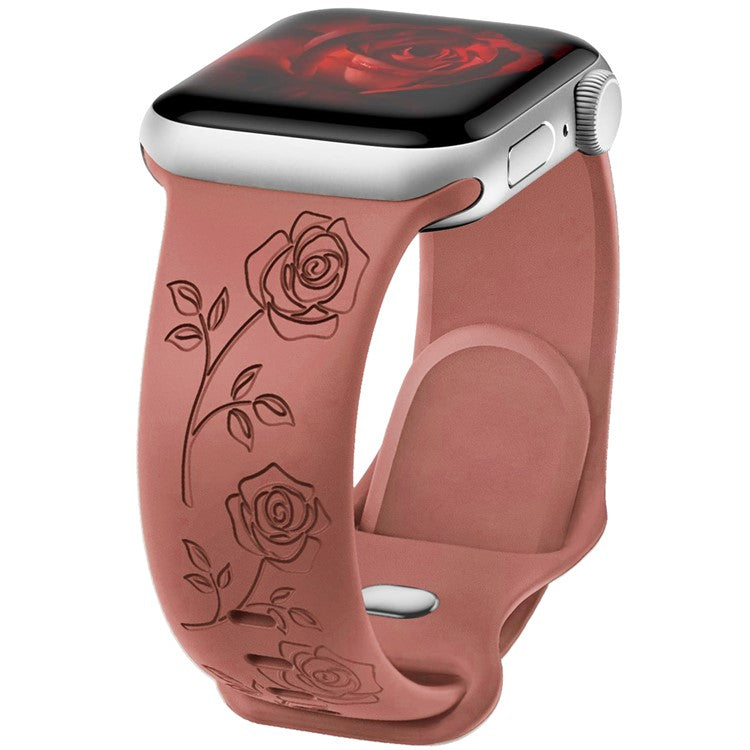 For Apple Watch Series 10 42mm / 9 8 7 41mm / SE (2023) SE (2022) SE 6 5 4 40mm / 3 2 1 38mm Rose Engraved Watch Strap Silicone Band - Hawthorn Red