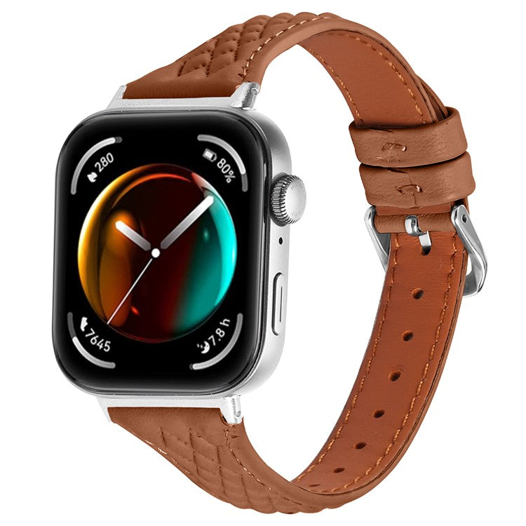 Genuine Cow Leather Band for Huawei Watch Fit 3 Rhombus Imprinted Watch Strap - Brown