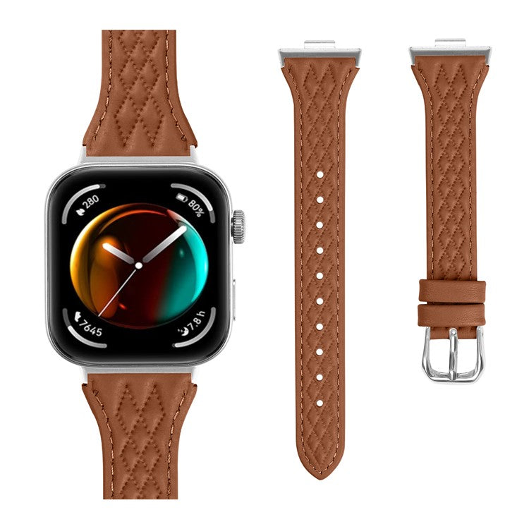 Genuine Cow Leather Band for Huawei Watch Fit 3 Rhombus Imprinted Watch Strap - Brown