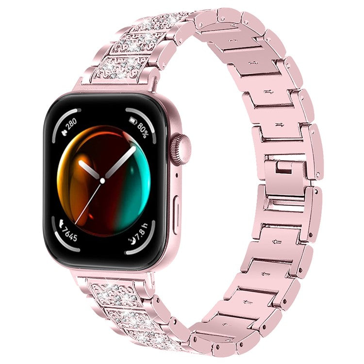 For Huawei Watch Fit 3 Metal Band Smart Watch Wrist Strap with Rhinestones - Rose Pink