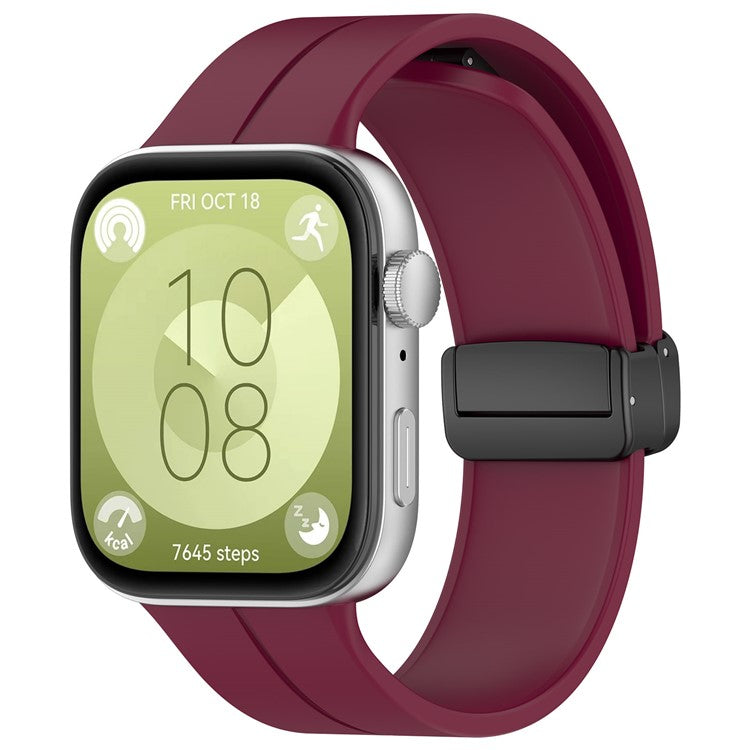 For Huawei Watch Fit 3 Silicone Watch Band Strap with Magnetic Folding Buckle - Wine Red
