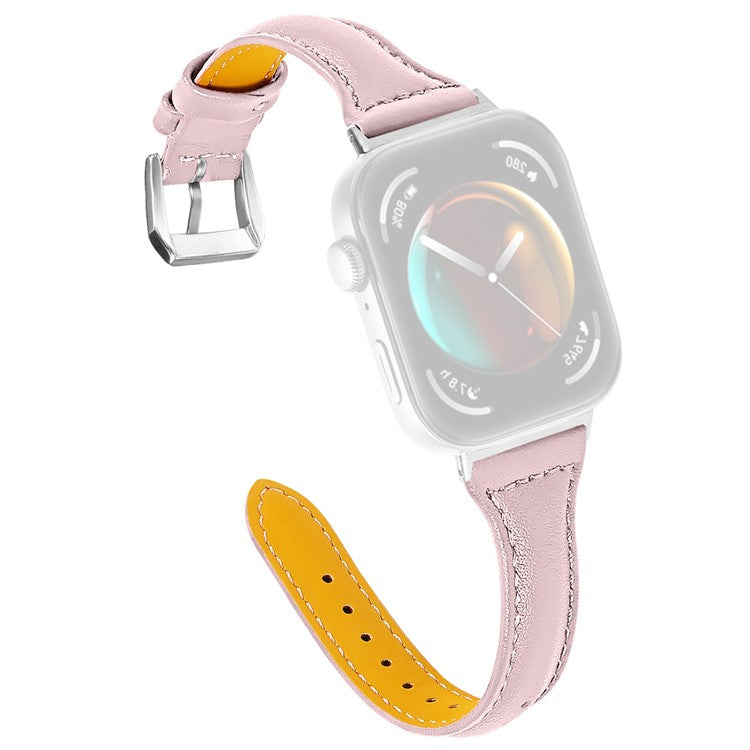 For Huawei Watch Fit 3 Watch Strap Genuine Cow Leather Band Stitching Lines - Light Pink