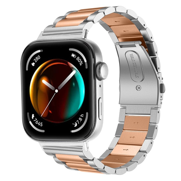 For Huawei Watch Fit 3 Watch Strap Three-Bead Stainless Steel Wrist Band - Silver+Rose Gold