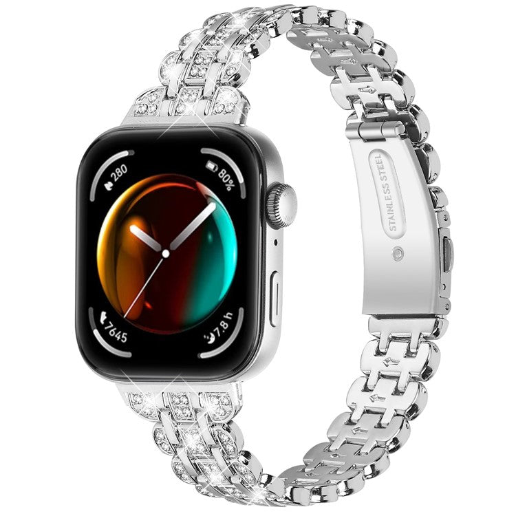 For Huawei Watch Fit 3 Metal Watch Strap Rhinestone Flower Style Band Bracelet - Silver