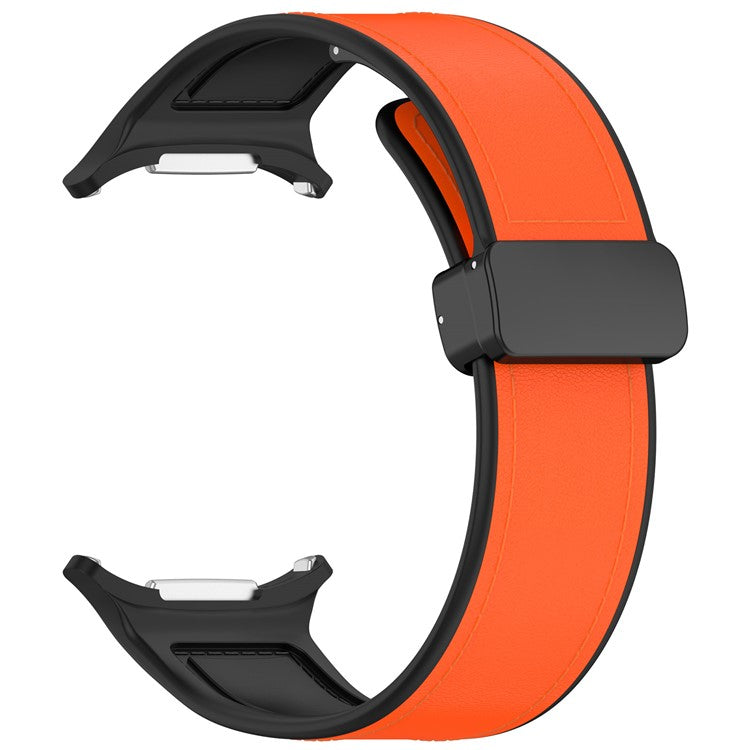 For Samsung Galaxy Watch Ultra 47mm Watch Strap Magnetic Buckle Leather Coated Silicone Wrist Band - Orange