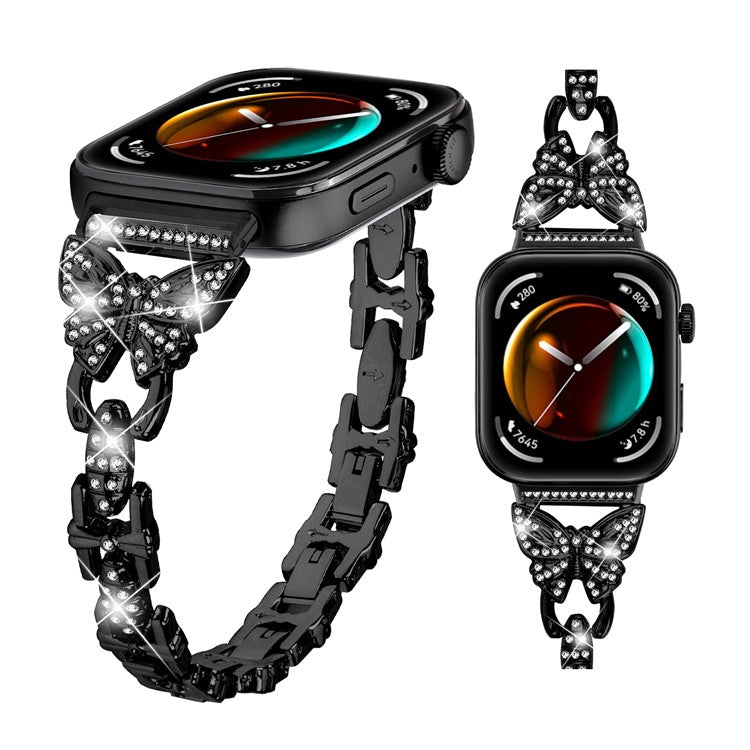 For Huawei Watch Fit 3 Rhinestone Decor Butterfly Design Watch Band Stainless Steel Wrist Strap - Black