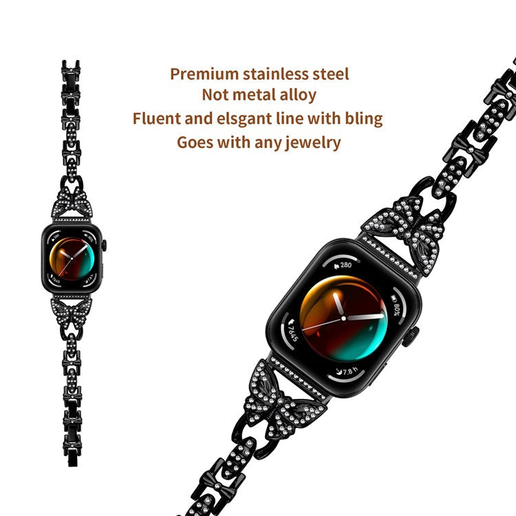 For Huawei Watch Fit 3 Rhinestone Decor Butterfly Design Watch Band Stainless Steel Wrist Strap - Black