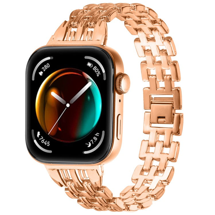 For Huawei Watch Fit 3 Hollow 5-Bead Watch Band Metal Wrist Strap Replacement - Rose Gold