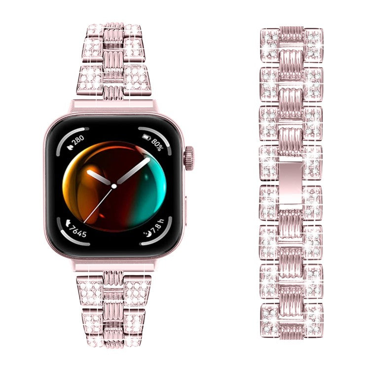 For Huawei Watch Fit 3 Rhinestone Decor Thread Texture Smart Watch Band Metal Wrist Strap - Rose Pink