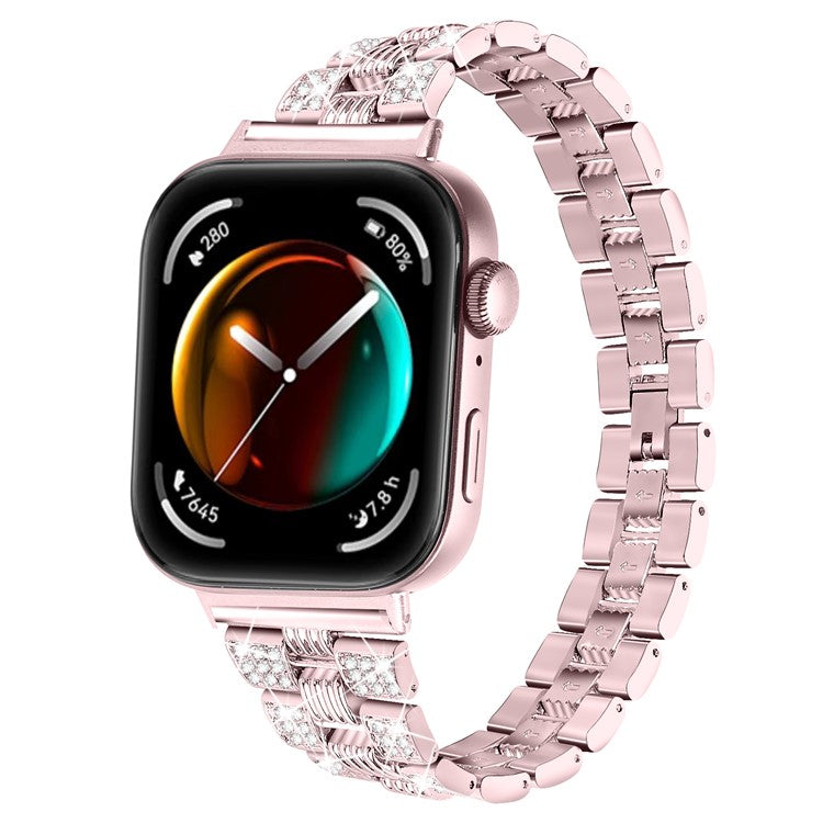 For Huawei Watch Fit 3 Rhinestone Decor Thread Texture Smart Watch Band Metal Wrist Strap - Rose Pink