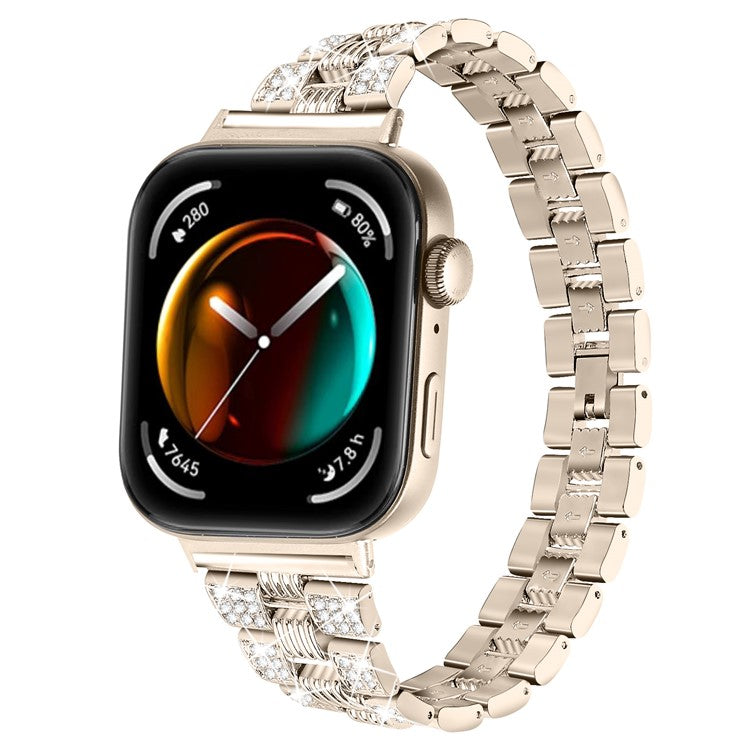 For Huawei Watch Fit 3 Rhinestone Decor Thread Texture Smart Watch Band Metal Wrist Strap - Champagne Gold