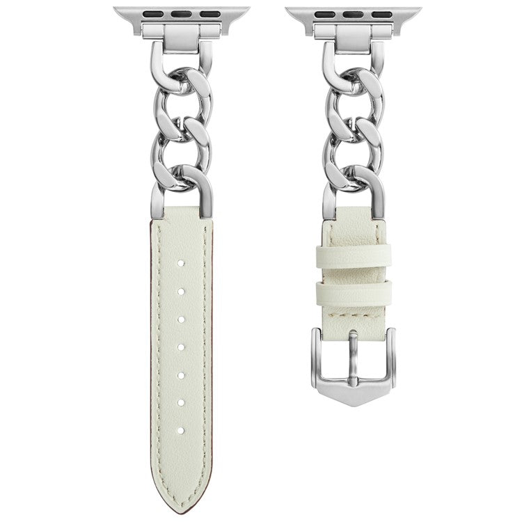 Watch Strap for Apple Watch Series 10 42mm / 9 8 7 41mm / SE (2023) SE (2022) SE 6 5 4 40mm / 3 2 1 38mm Zinc Alloy+Cowhide Wrist Band - White