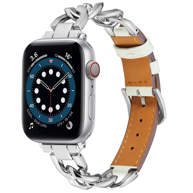 Watch Strap for Apple Watch Series 10 42mm / 9 8 7 41mm / SE (2023) SE (2022) SE 6 5 4 40mm / 3 2 1 38mm Zinc Alloy+Cowhide Wrist Band - White