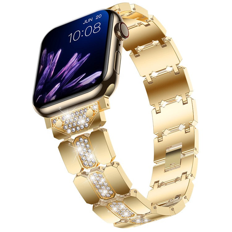 For Apple Watch Series 10 42mm / 9 8 7 41mm / SE (2023) SE (2022) SE 6 5 4 40mm / 3 2 1 38mm Stylish Rhinestones Decor Zinc Alloy Watch Band - Gold