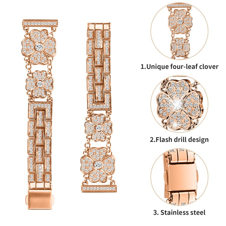 For Samsung Galaxy Watch FE 40mm Jewelry Strap Shiny Four-Leaf Clover Metal Watch Band - Rose Gold