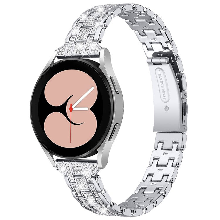 For Samsung Galaxy Watch FE 40mm 5-Bead Strap Sparking Rhinestones Metal Watch Band - Silver