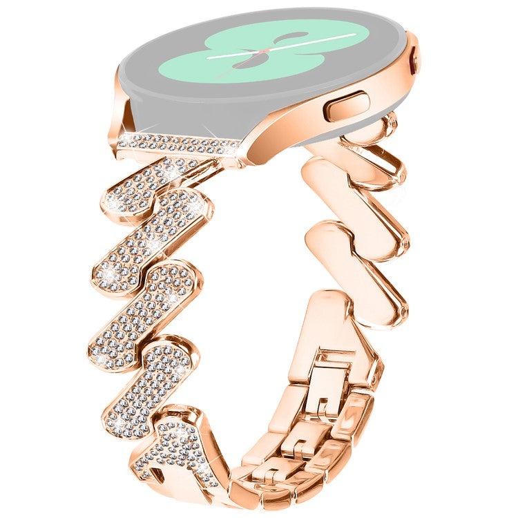 For Samsung Galaxy Watch FE 40mm Bling Rhinestone Decor Watch Band Hard Alloy Bracelet - Rose Gold
