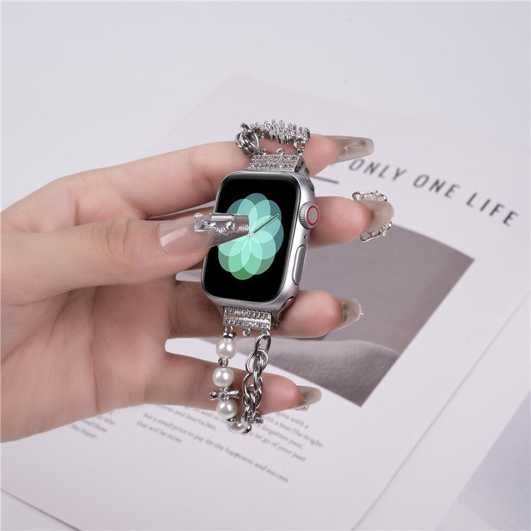 For Apple Watch 10 46mm / Ultra 2 / Ultra 49mm / 9 8 7 45mm / SE (2023) SE (2022) SE 6 5 4 44mm / 3 2 1 42mm Pearl Chain Stainless Steel Watch Strap - Silver