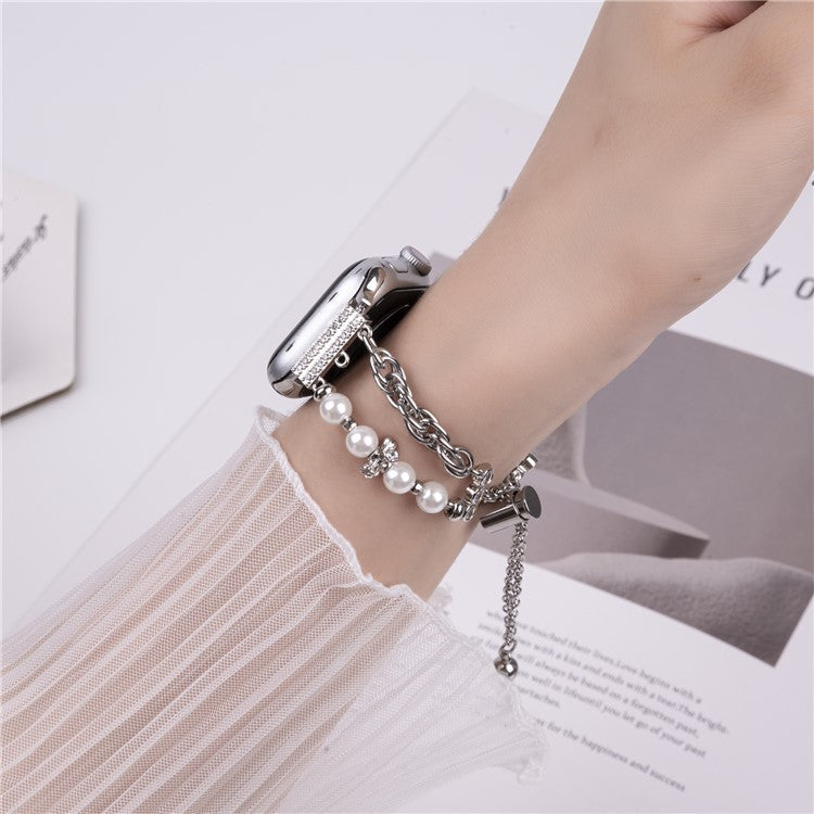 For Apple Watch 10 46mm / Ultra 2 / Ultra 49mm / 9 8 7 45mm / SE (2023) SE (2022) SE 6 5 4 44mm / 3 2 1 42mm Pearl Chain Stainless Steel Watch Strap - Silver