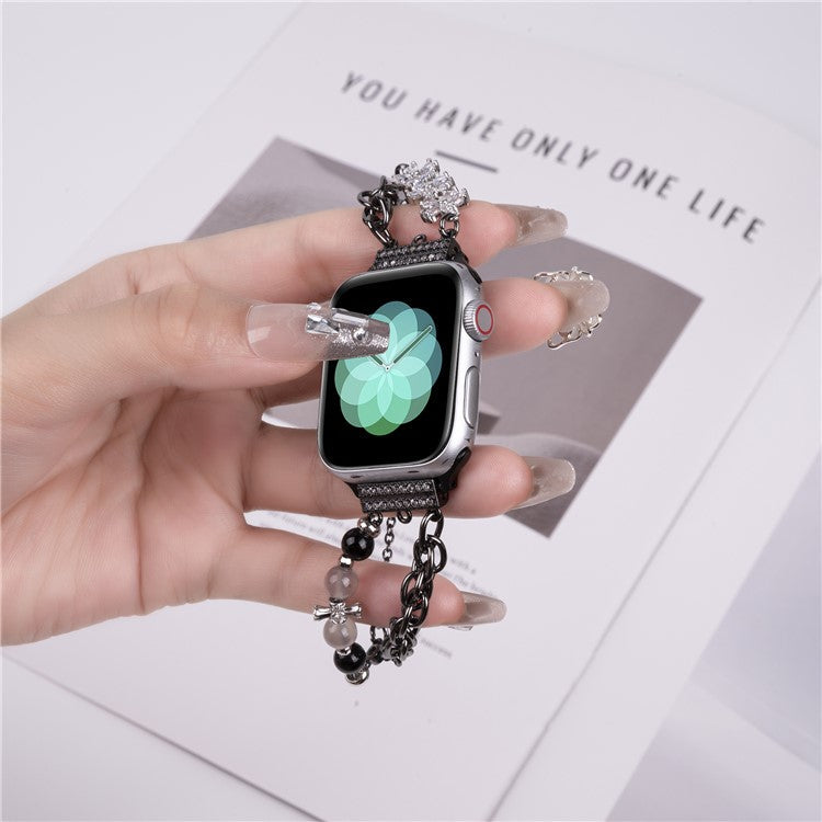 For Apple Watch Series 10 42mm / 9 8 7 41mm / SE (2023) SE (2022) SE 6 5 4 40mm / 3 2 1 38mm Pearl Flower Stainless Steel Bracelet Watch Strap - Black