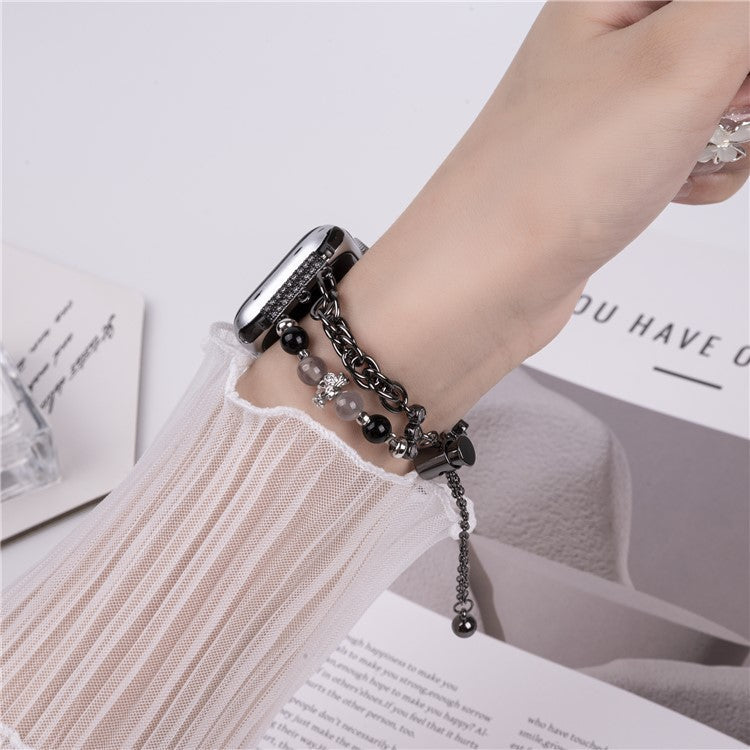 For Apple Watch Series 10 42mm / 9 8 7 41mm / SE (2023) SE (2022) SE 6 5 4 40mm / 3 2 1 38mm Pearl Flower Stainless Steel Bracelet Watch Strap - Black