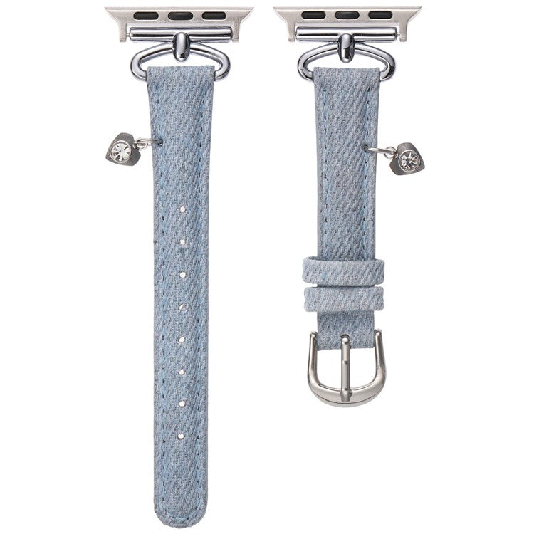 For Apple Watch Series 10 42mm / 9 8 7 41mm / SE (2023) SE (2022) SE 6 5 4 40mm / 3 2 1 38mm Denim Cloth Band Heart Pendant Strap - Blue