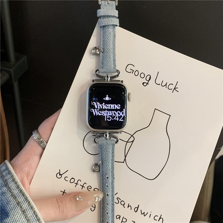 For Apple Watch Series 10 42mm / 9 8 7 41mm / SE (2023) SE (2022) SE 6 5 4 40mm / 3 2 1 38mm Denim Cloth Band Heart Pendant Strap - Blue