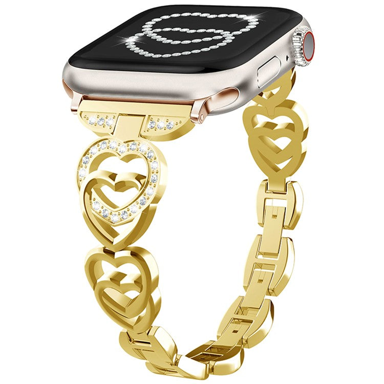 For Apple Watch Series 10 42mm / 9 8 7 41mm / SE (2023) SE (2022) SE 6 5 4 40mm / 3 2 1 38mm Zinc Alloy Band Love Heart Design Watch Strap - Gold