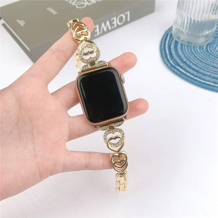 For Apple Watch Series 10 42mm / 9 8 7 41mm / SE (2023) SE (2022) SE 6 5 4 40mm / 3 2 1 38mm Zinc Alloy Band Love Heart Design Watch Strap - Gold