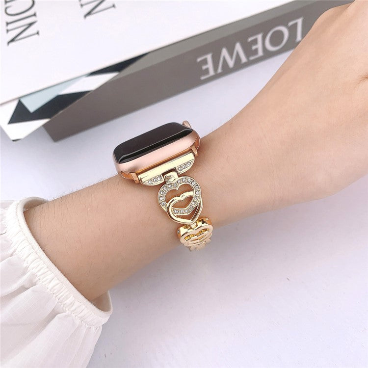 For Apple Watch Series 10 42mm / 9 8 7 41mm / SE (2023) SE (2022) SE 6 5 4 40mm / 3 2 1 38mm Zinc Alloy Band Love Heart Design Watch Strap - Gold