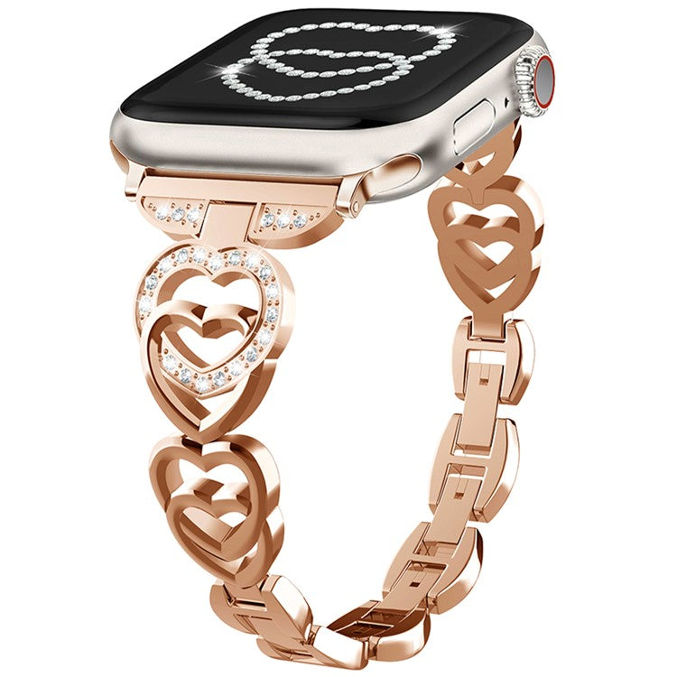 For Apple Watch Series 10 42mm / 9 8 7 41mm / SE (2023) SE (2022) SE 6 5 4 40mm / 3 2 1 38mm Zinc Alloy Band Love Heart Design Watch Strap - Rose Gold