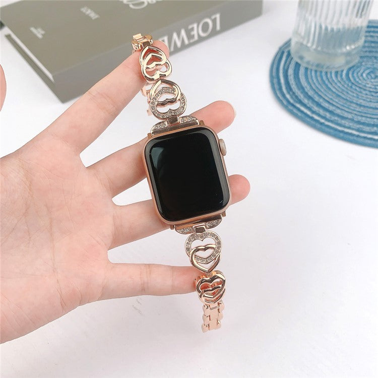 For Apple Watch Series 10 42mm / 9 8 7 41mm / SE (2023) SE (2022) SE 6 5 4 40mm / 3 2 1 38mm Zinc Alloy Band Love Heart Design Watch Strap - Rose Gold