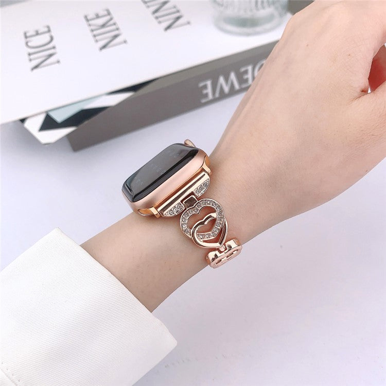 For Apple Watch Series 10 42mm / 9 8 7 41mm / SE (2023) SE (2022) SE 6 5 4 40mm / 3 2 1 38mm Zinc Alloy Band Love Heart Design Watch Strap - Rose Gold