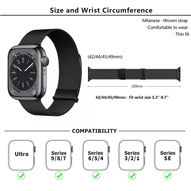 KALEBOL For Apple Watch 10 46mm / Ultra 2 / Ultra 49mm / 9 8 7 45mm / SE (2023) SE (2022) SE 6 5 4 44mm / 3 2 1 42mm Milanese Magnetic Watch Strap - Black