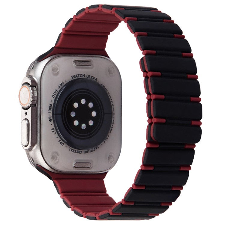 For Apple Watch Series 10 42mm / 9 8 7 41mm / SE (2023) SE (2022) SE 6 5 4 40mm / 3 2 1 38mm Dual Color Magnetic Silicone Watch Strap - Black+Wine Red